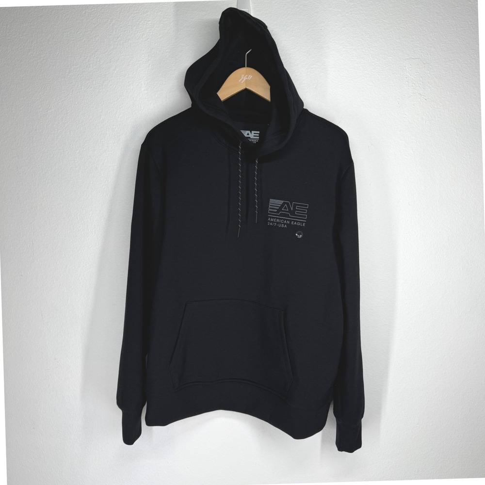 American Eagle Mens 24/7-USA Graphic Hoodie Black Tech Sweatshirt Size M NEW